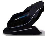 Medical Breakthrough 7 massage chair with blue text on black surface, featuring advanced posture correction and full-body therapeutic systems.