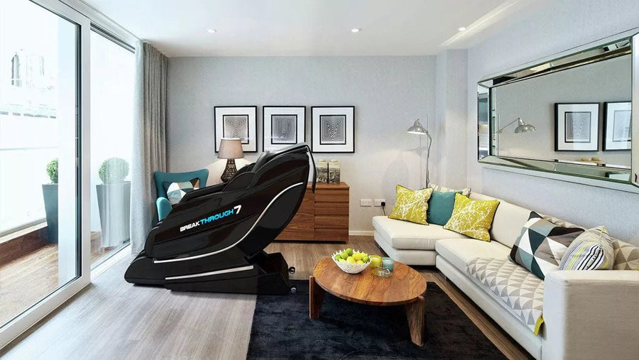 A living room featuring the Medical Breakthrough 7 massage chair, designed for posture correction, pain relief, and aiding sleep.