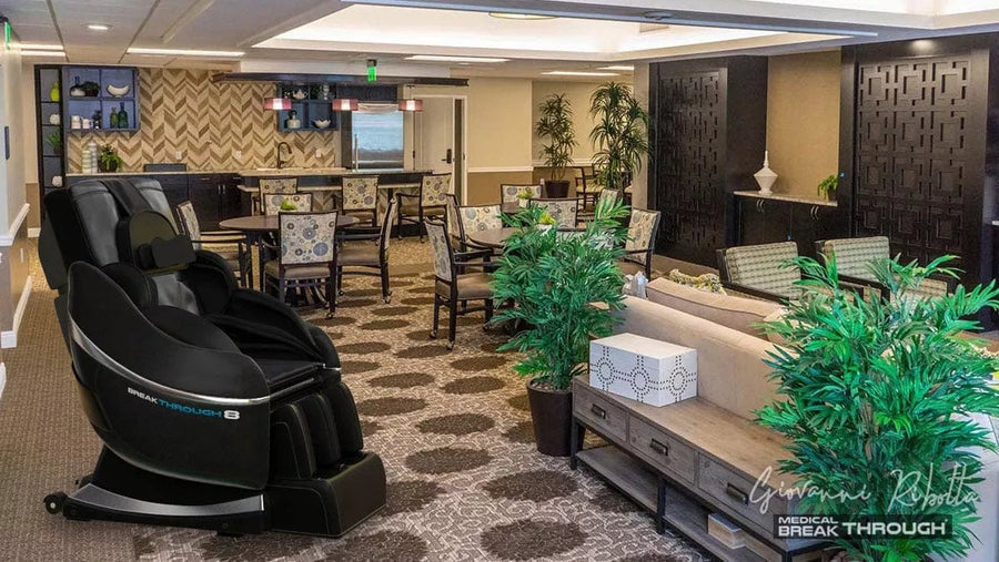 A black Medical Breakthrough 8 massage chair in a stylish room, featuring advanced posture correction and full-body massage technology.