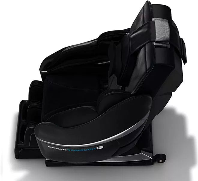 Medical Breakthrough 8 black reclining massage chair with wheels, engineered for posture correction, pain reduction, and sleep improvement.