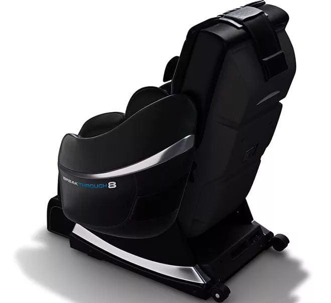 Medical Breakthrough 8 black reclining massage chair with wheels, designed for posture correction, pain relief, and sleep enhancement.