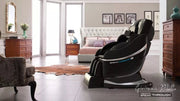 A black massage chair, Medical Breakthrough 8 Plus, in a room designed for wellness, featuring advanced body scanning and extensive massage capabilities.