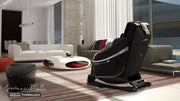 A black Medical Breakthrough 8 Plus massage chair in a living room, designed to improve posture, reduce pain, and aid sleep.