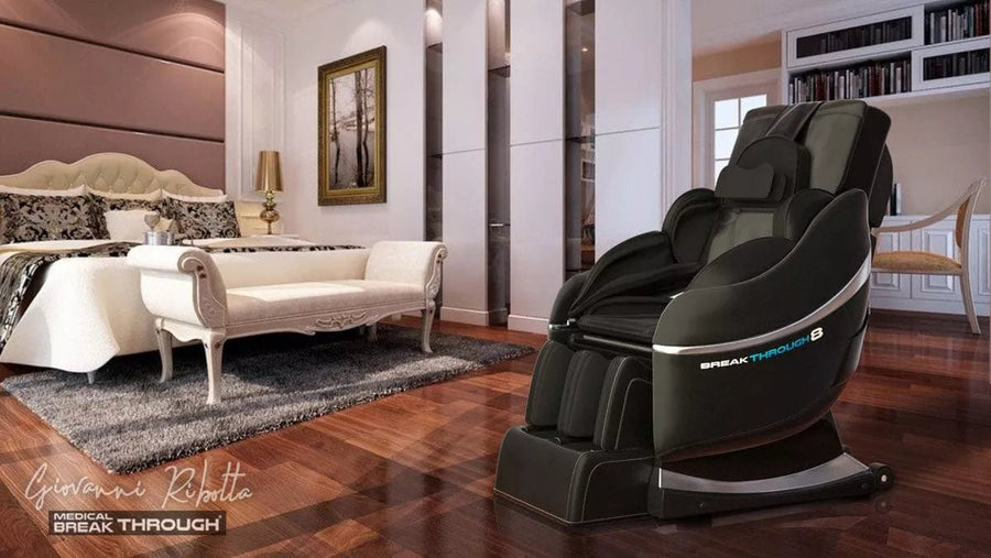 Black Medical Breakthrough 8 Plus massage chair in a modern living room setting.