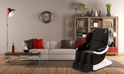 A black Medical Breakthrough 9 massage chair in a living room, designed to improve posture and reduce body pain.