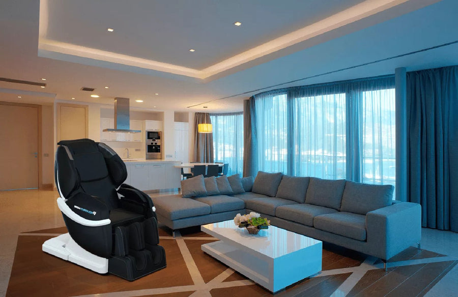 Medical Breakthrough 9 massage chair in a modern living room, offering advanced systems for posture correction, pain relief, and relaxation.