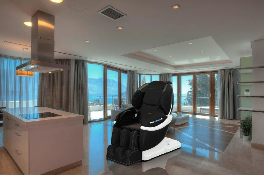Medical Breakthrough 9 massage chair in a bright room with windows, designed to improve posture, reduce pain, and help users fall asleep.