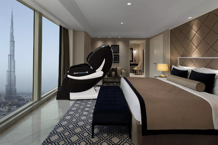 Medical Breakthrough 9 massage chair in a modern bedroom setup, highlighting its ergonomic design and advanced therapeutic systems for full-body wellness.