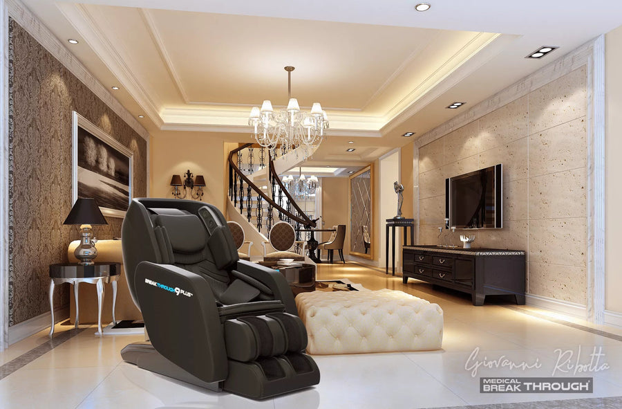 Black Medical Breakthrough 9 Plus massage chair with advanced posture correction and full-body reflexology features, situated in a modern living room.