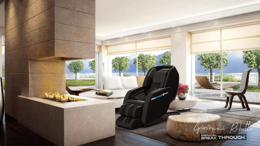 Medical Breakthrough 9 Plus massage chair in a living room with a fireplace, designed to improve posture and reduce body pain.