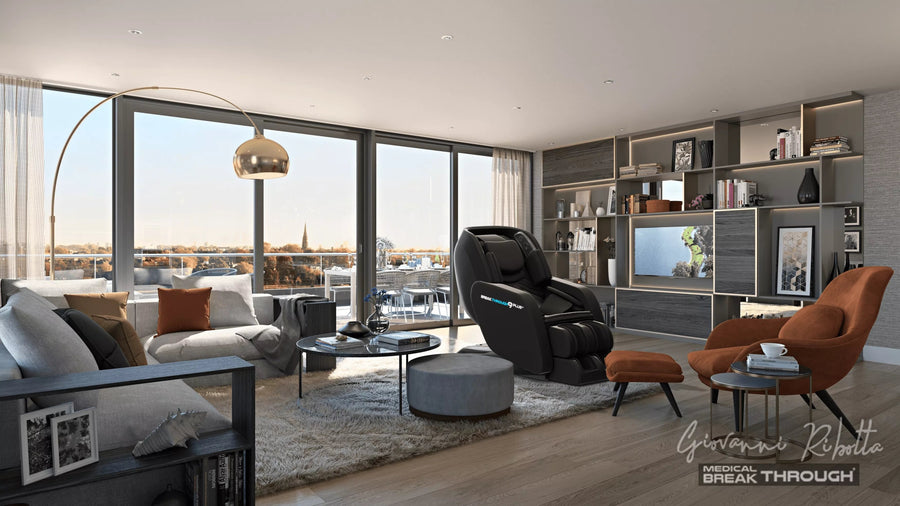 Black Medical Breakthrough 9 Plus massage chair in a modern living room, designed to improve posture and reduce pain with advanced massage systems.
