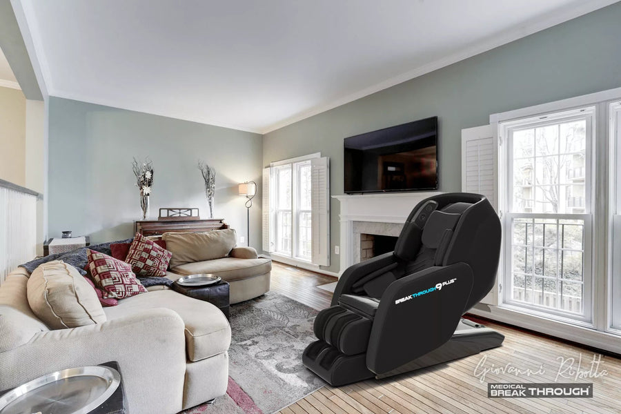 Medical Breakthrough 9 Plus massage chair in a cozy living room with a fireplace, designed to improve posture and reduce pain.