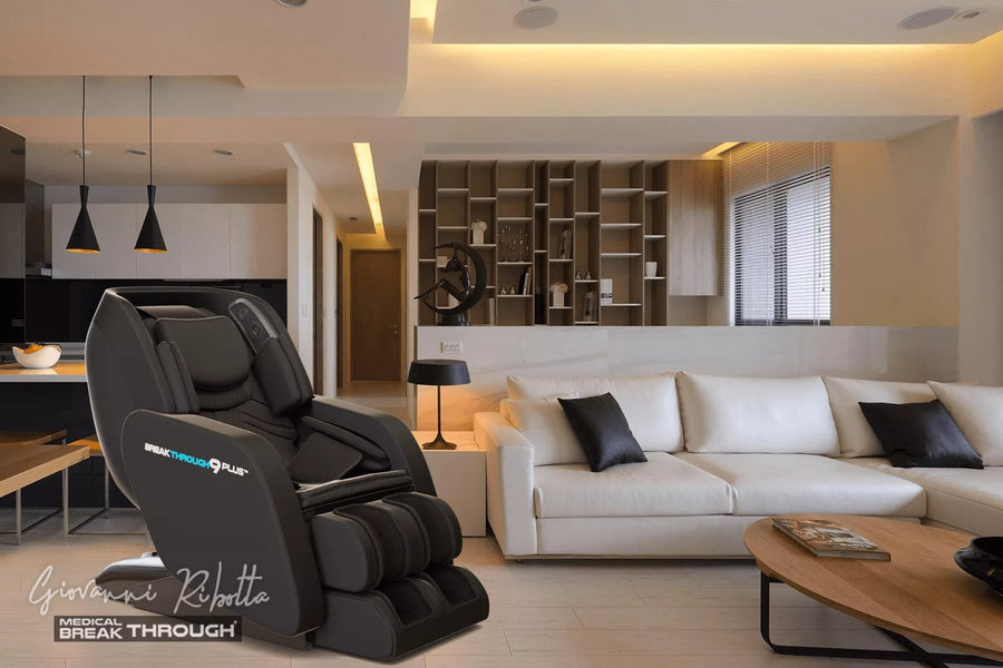 Medical Breakthrough 9 Plus massage chair in a modern living room, highlighting its ergonomic design and advanced therapeutic features.