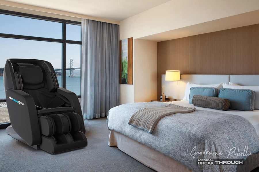 Medical Breakthrough 9 Plus massage chair in a hotel room, designed to improve posture, reduce pain, and enhance sleep with advanced therapeutic features.
