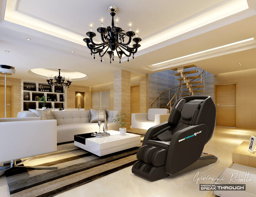 Medical Breakthrough 9 Plus massage chair in a modern living room next to a white coffee table, designed to improve posture and reduce pain.